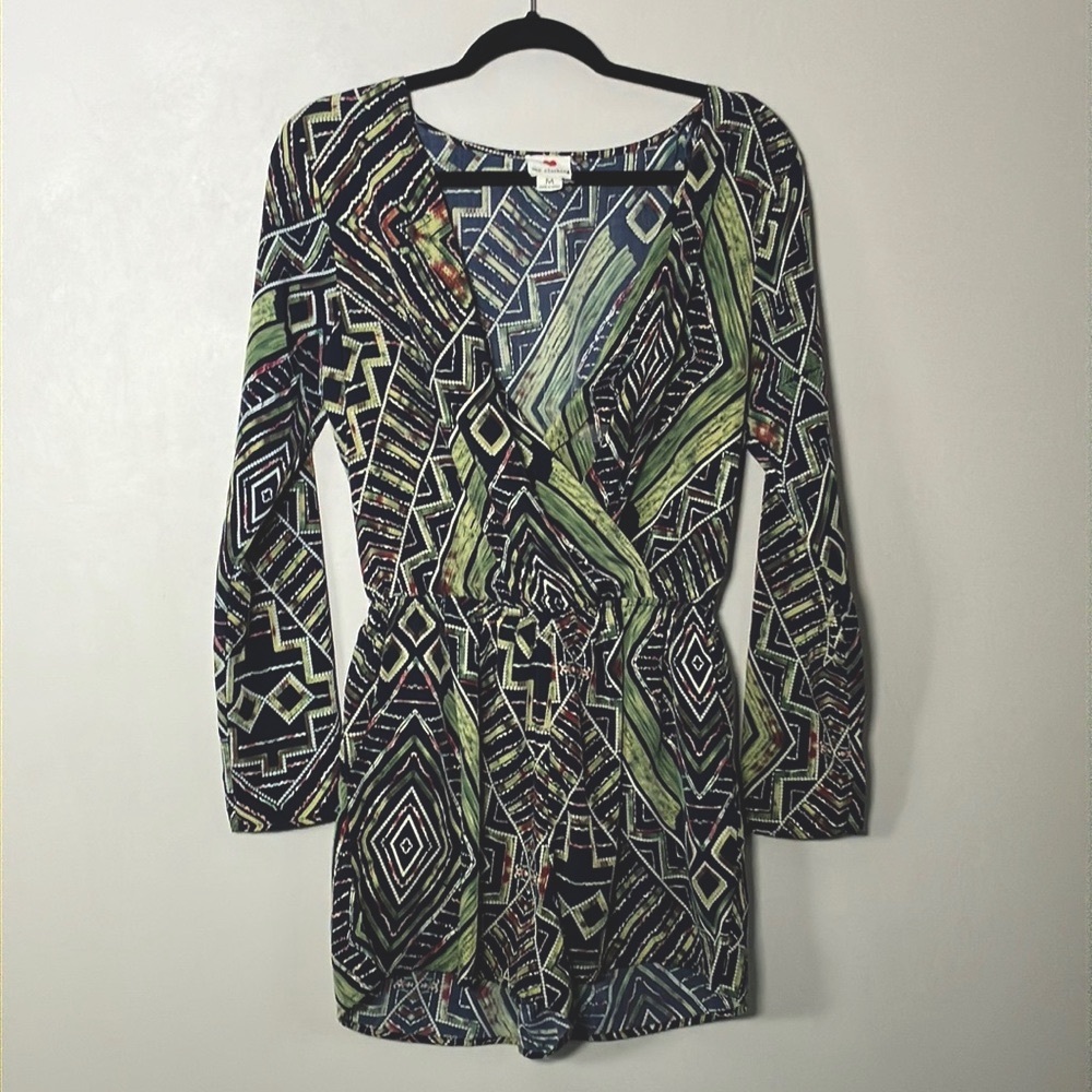 Romper long sleeve Multicolour geometric print boho v-neck